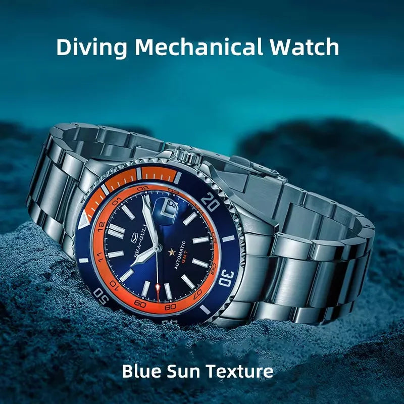 Seagull Diving Mechanical Watch Dual Time Zone Ocean Star Wristwatch 200m Waterproof