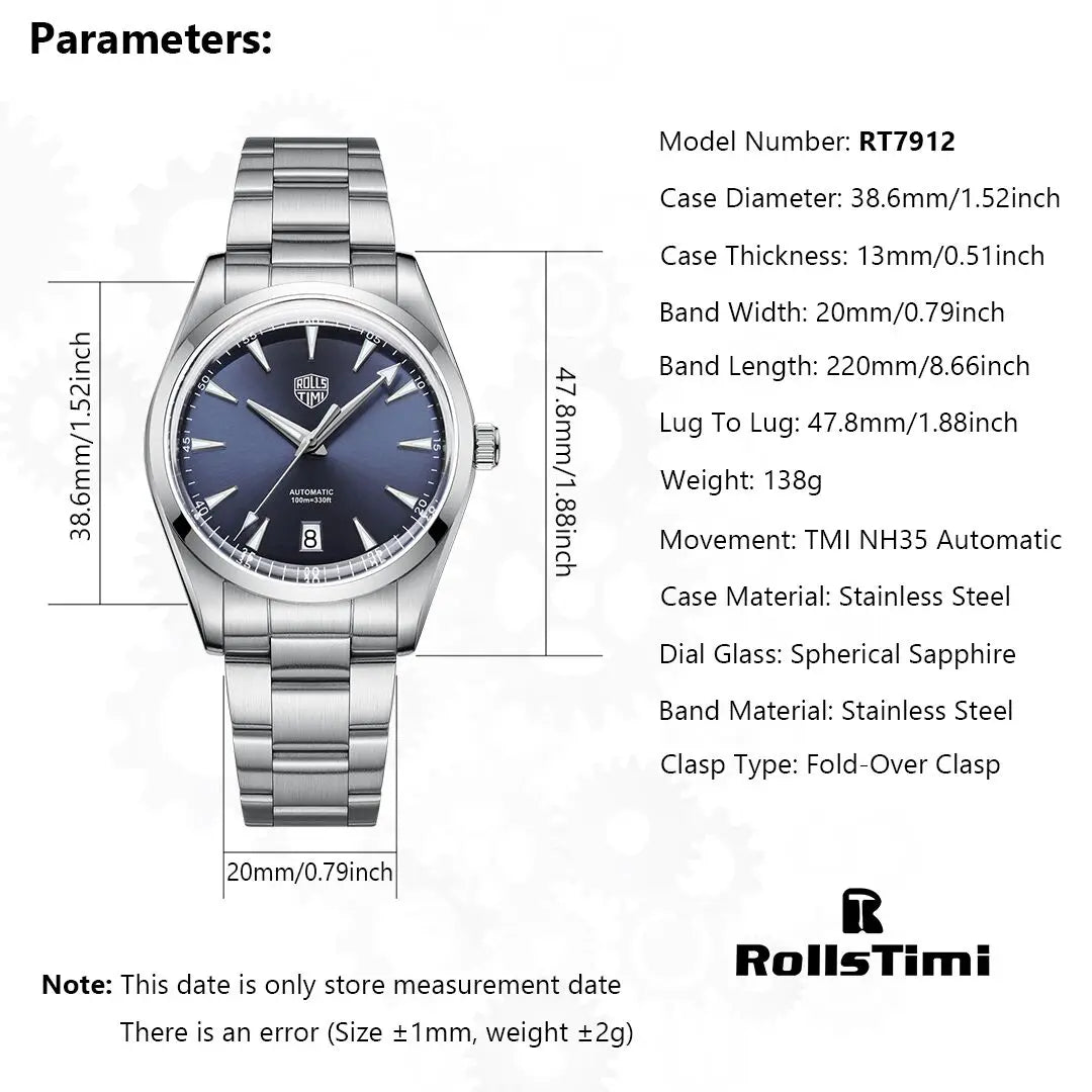 Roollstimi RT7912 Luxury Mechanical Watch | Automatic & Hand-Wind | 10 Bar Waterproof & Complete Calendar