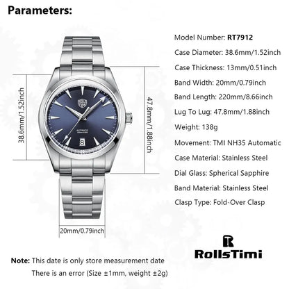 Roollstimi RT7912 Luxury Mechanical Watch | Automatic & Hand-Wind | 10 Bar Waterproof & Complete Calendar