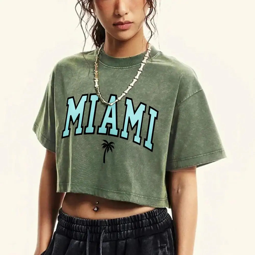 Cotton Crop Tees Street Distressed O-Neck Washed T-Shirts Miami Florida U.S.A Printed