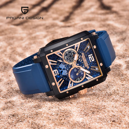 PAGANI DESIGN PD-1725 Luxury Quartz Sports Watch | Rectangular Case & Silicone Band Chronograph