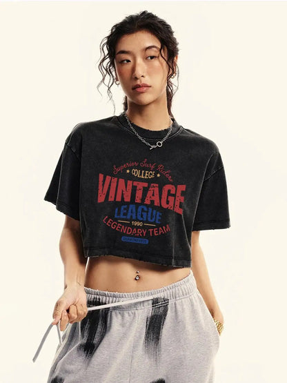 Cotton Crop Washed T-Shirts Vintage League Letter