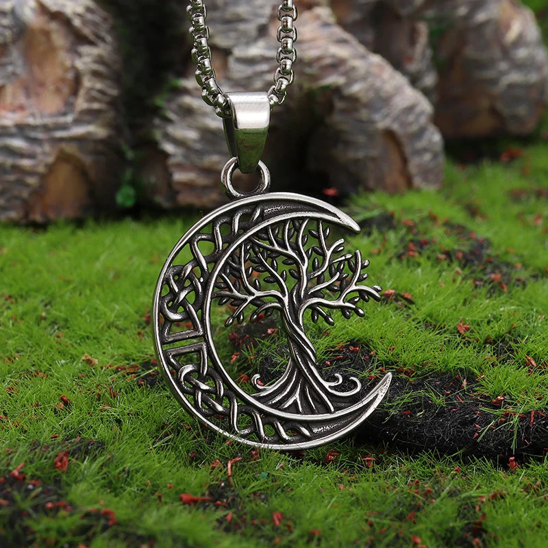 Nordic Yggdrasil Celtic Knot Moon Tree of Life Pendant Necklace for Men and Women Retro Lucky Amulet Jewelry Gift