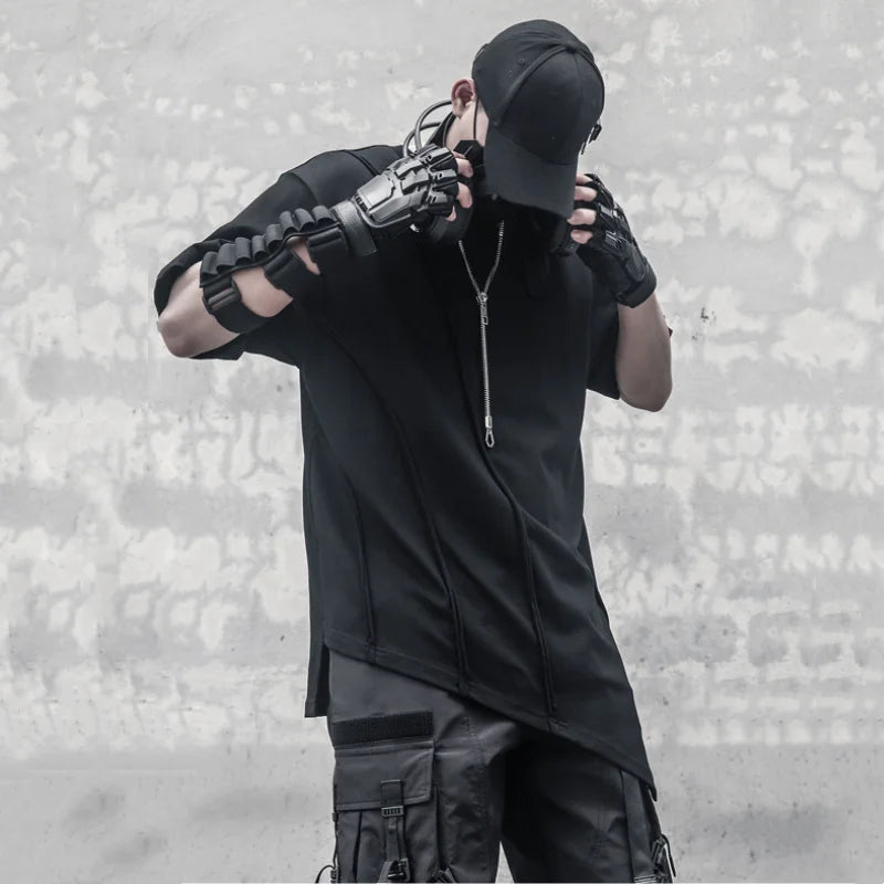 Dark Punk Style Tactical T-Shirt – High Street Irregular Hem Design