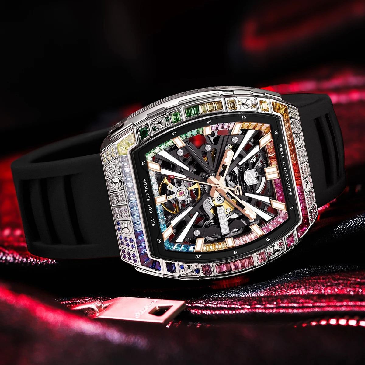 GEYA Tonneau Skeleton Dial with Multi-Color Diamonds 78139 (Mechanical)