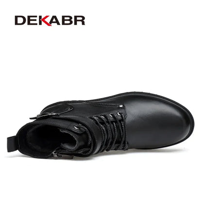 DEKABR Men Genuine Leather Lace-up Ankle Boots High Quality Winter Motorcycle Boots Men Safety Work Shoes Punk Style Men Boots