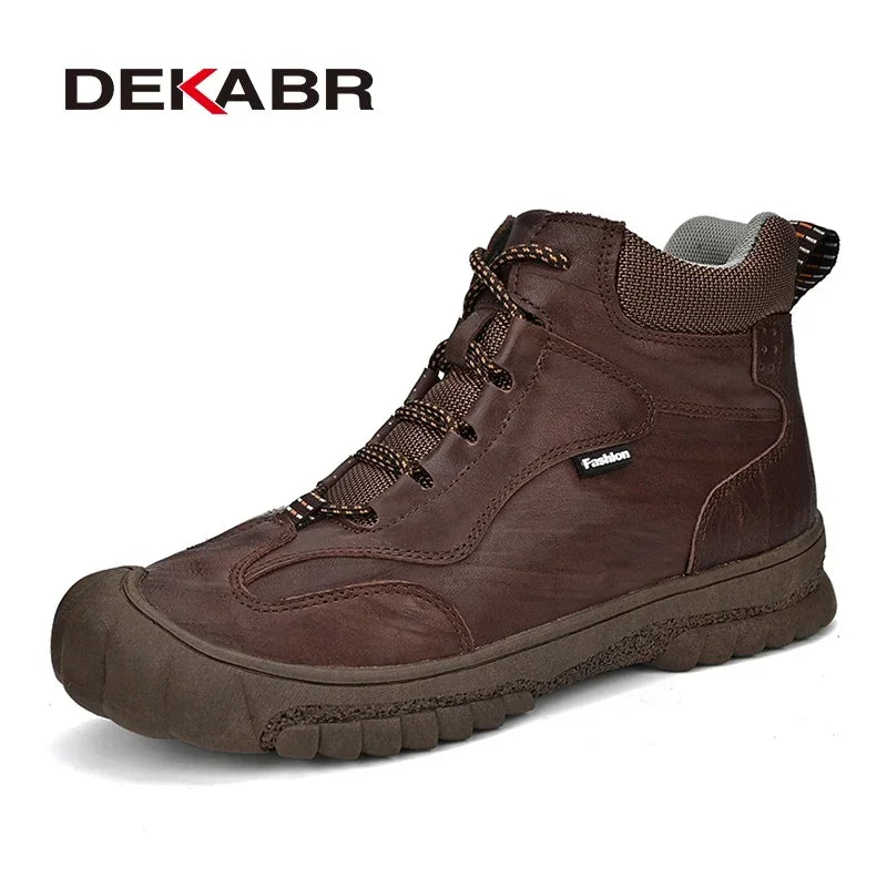 DEKABR New Fashion Genuine Leather Winter Warm Fur Men Boots Waterproof Lace Up Non-Slip Comfortable Hiking Boots Size 46