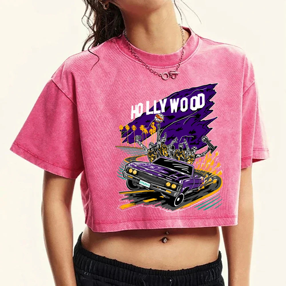 Regular Fit O-Neck Crop Tee with Short Sleeves and Victory Print