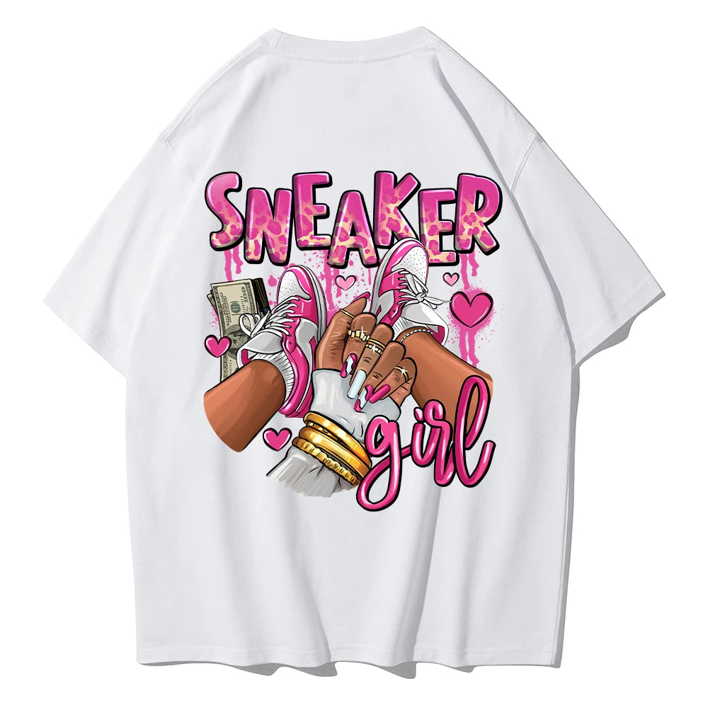 Casual Cotton T-Shirt Expensive Pink Sneaker Girl Prints O-Neck Oversize Breathable