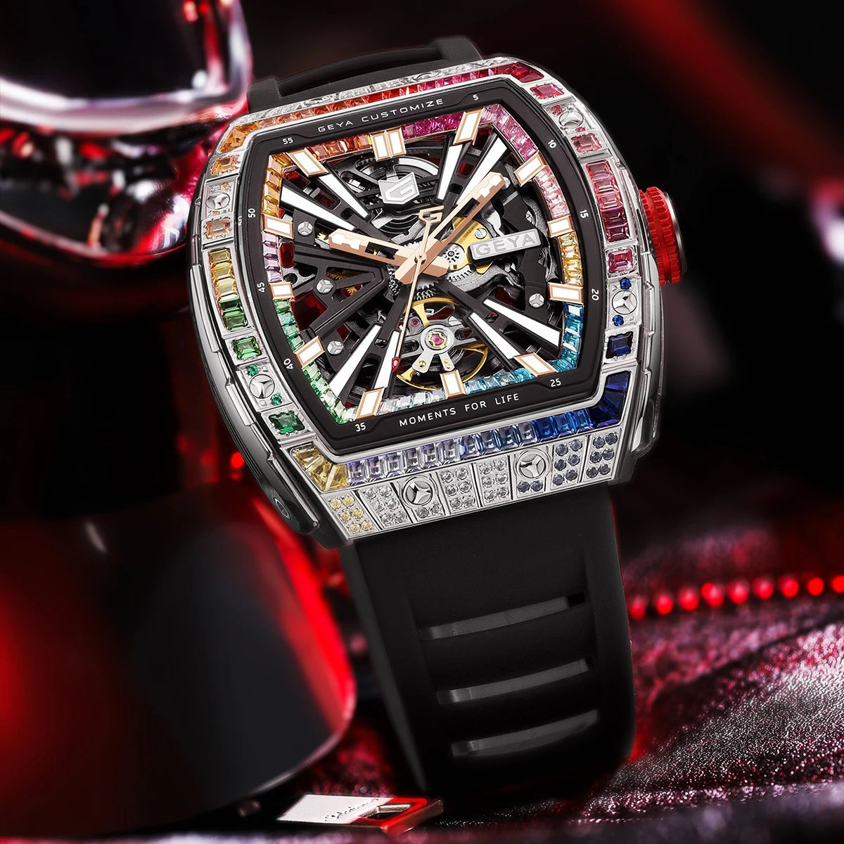 GEYA Tonneau Skeleton Dial with Multi-Color Diamonds 78139 (Mechanical)