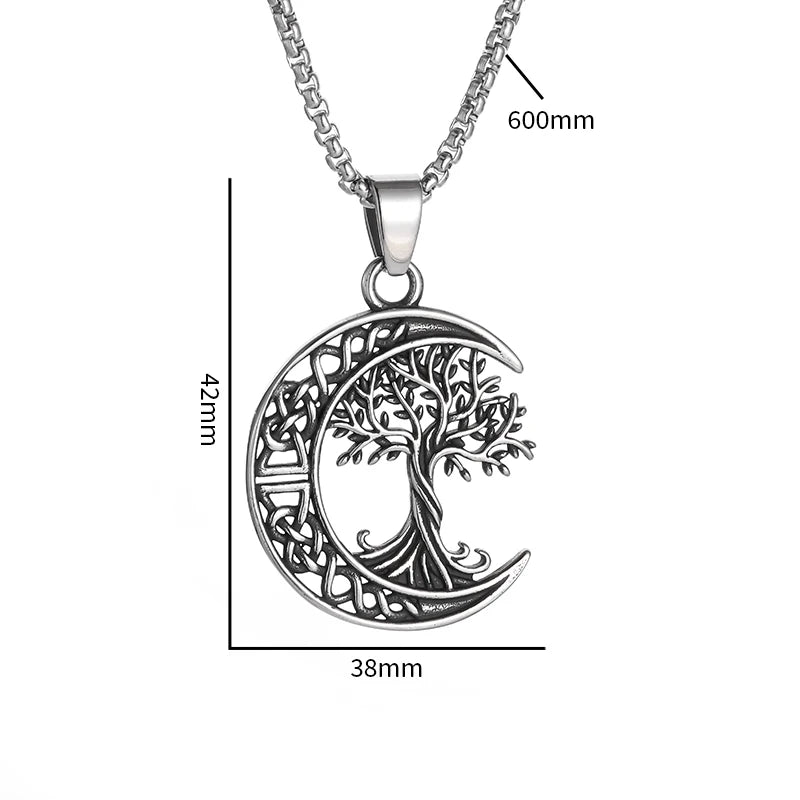 Nordic Yggdrasil Celtic Knot Moon Tree of Life Pendant Necklace for Men and Women Retro Lucky Amulet Jewelry Gift