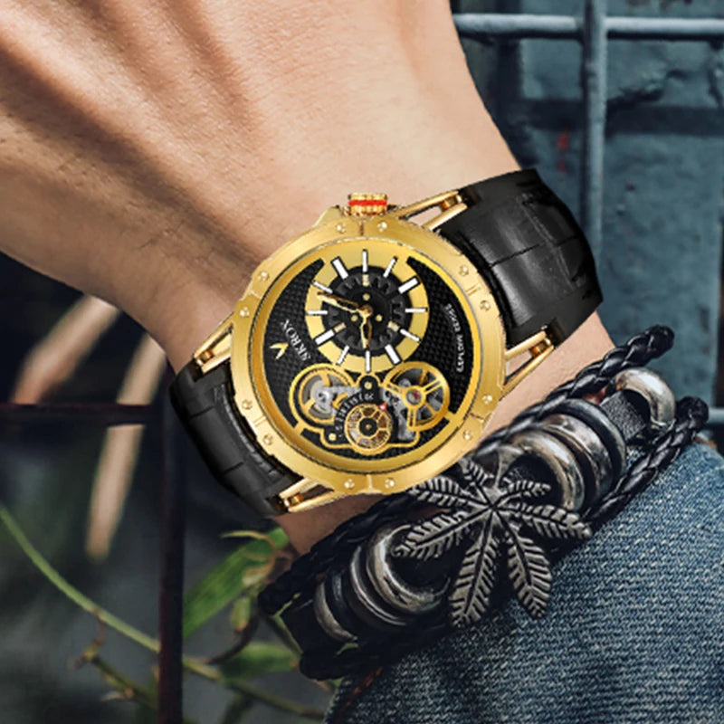 Forsining Doulbe Movement Automatic Mechanical Watches 30M Waterproof Luminous Hands Clock for Male Fashion Men Black Watch