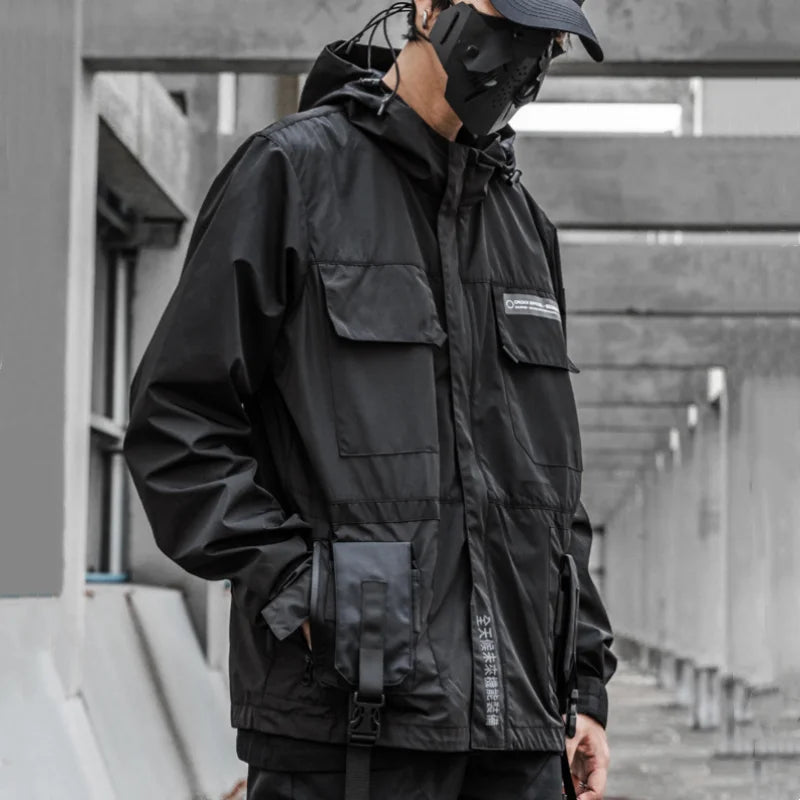 Punk Style Tactical Hooded Jacket – Multi-Pocket Reflective Patchwork Techwear