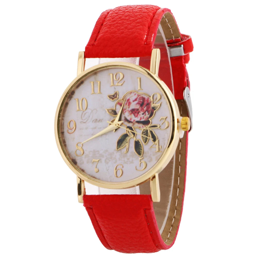 Montre Femme: Rose Flower Round Dial Watch (Quartz)