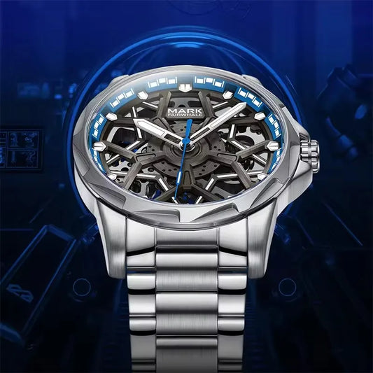 New Skeleton Watch Men Fashion Stainless Steel High Quality Relojes Pentagram Dial Toubillon Automatic Mechanical Wrist Watches