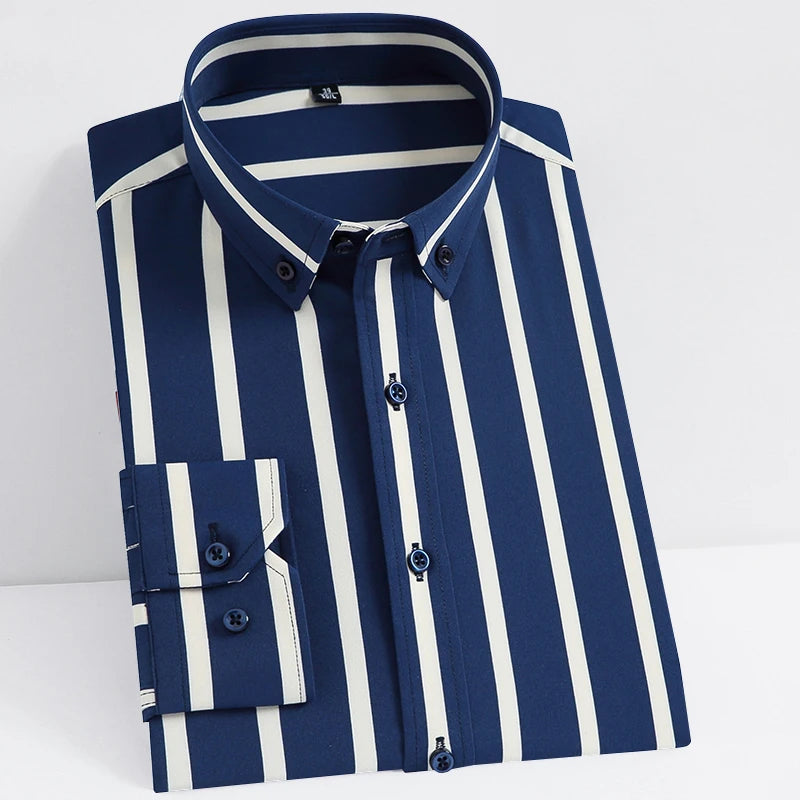 Men's Casual Striped Button-Down Long Sleeve Shirt, Slightly Stretchy Non-iron Shirt, All-Season Comfort for Office Business