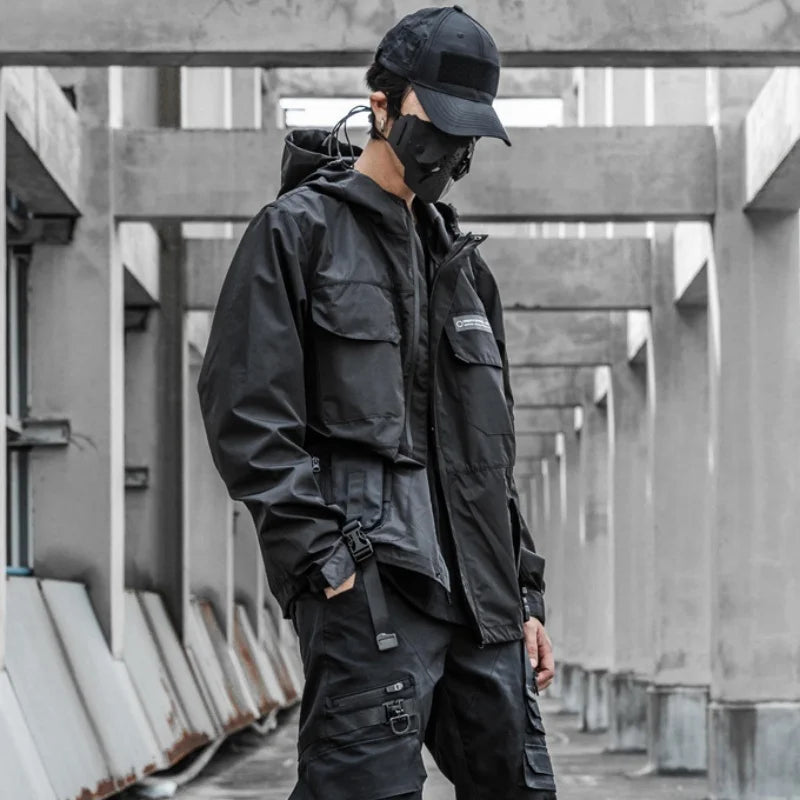 Punk Style Tactical Hooded Jacket – Multi-Pocket Reflective Patchwork Techwear