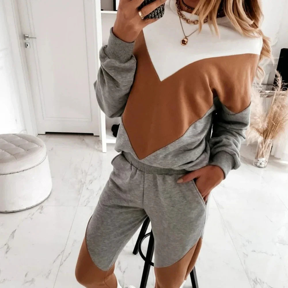 Tracksuits Splicing Femme Two Piece Sets Sweatshirt Top Loose Long Pants Jogging