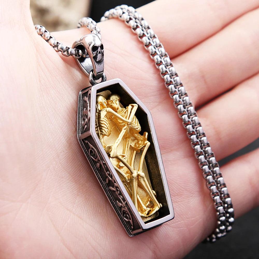 NORTHMAN Vintage Double Skull Coffin Pendant Necklace - RUBASO