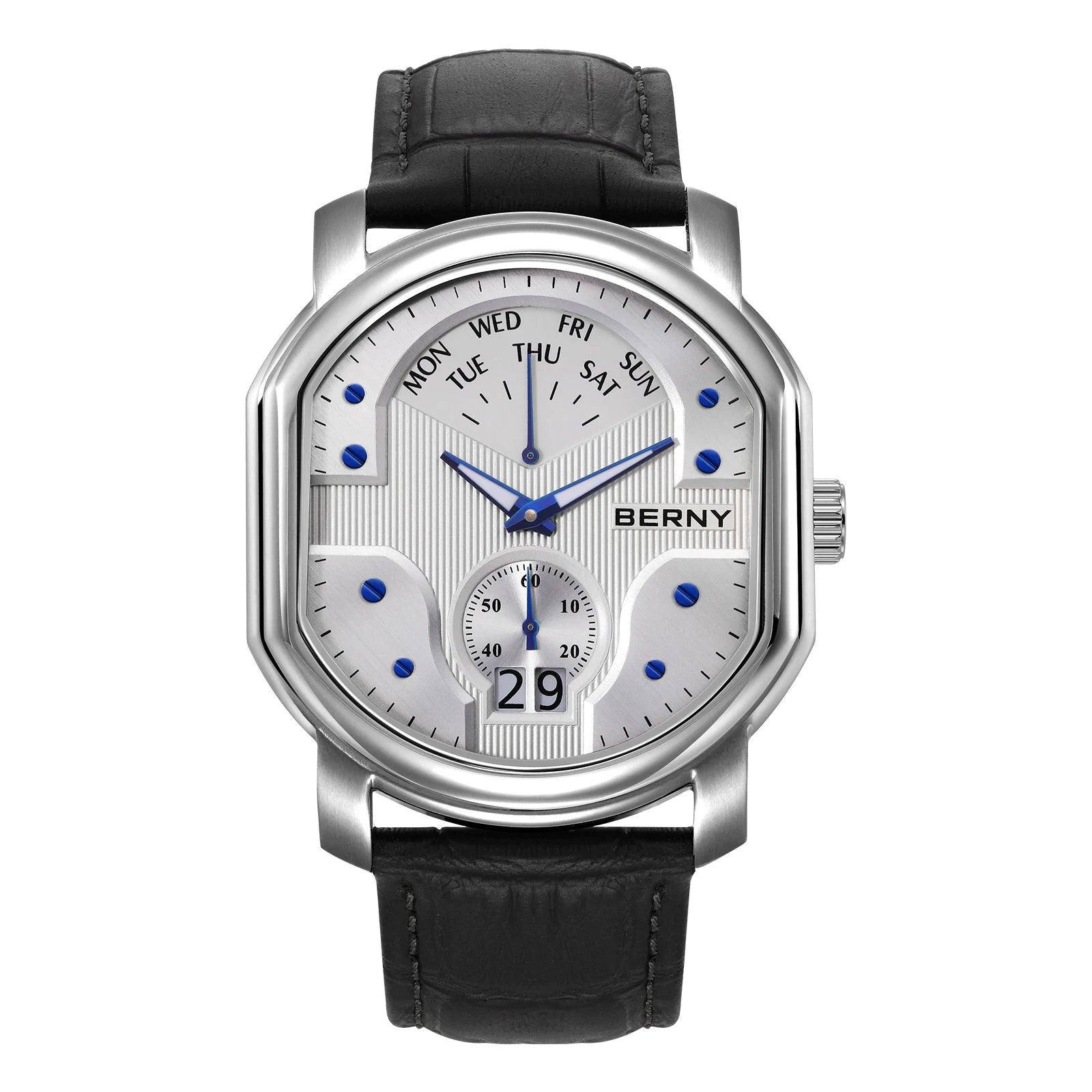 BERNY Men Wristwatch Luxury Swiss Ronda 7004N Day Date Wristwatch Stainless Steel Sport Sapphire 3Bar Waterproof Watch for Men - RUBASO