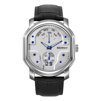 BERNY Men Wristwatch Luxury Swiss Ronda 7004N Day Date Wristwatch Stainless Steel Sport Sapphire 3Bar Waterproof Watch for Men - RUBASO