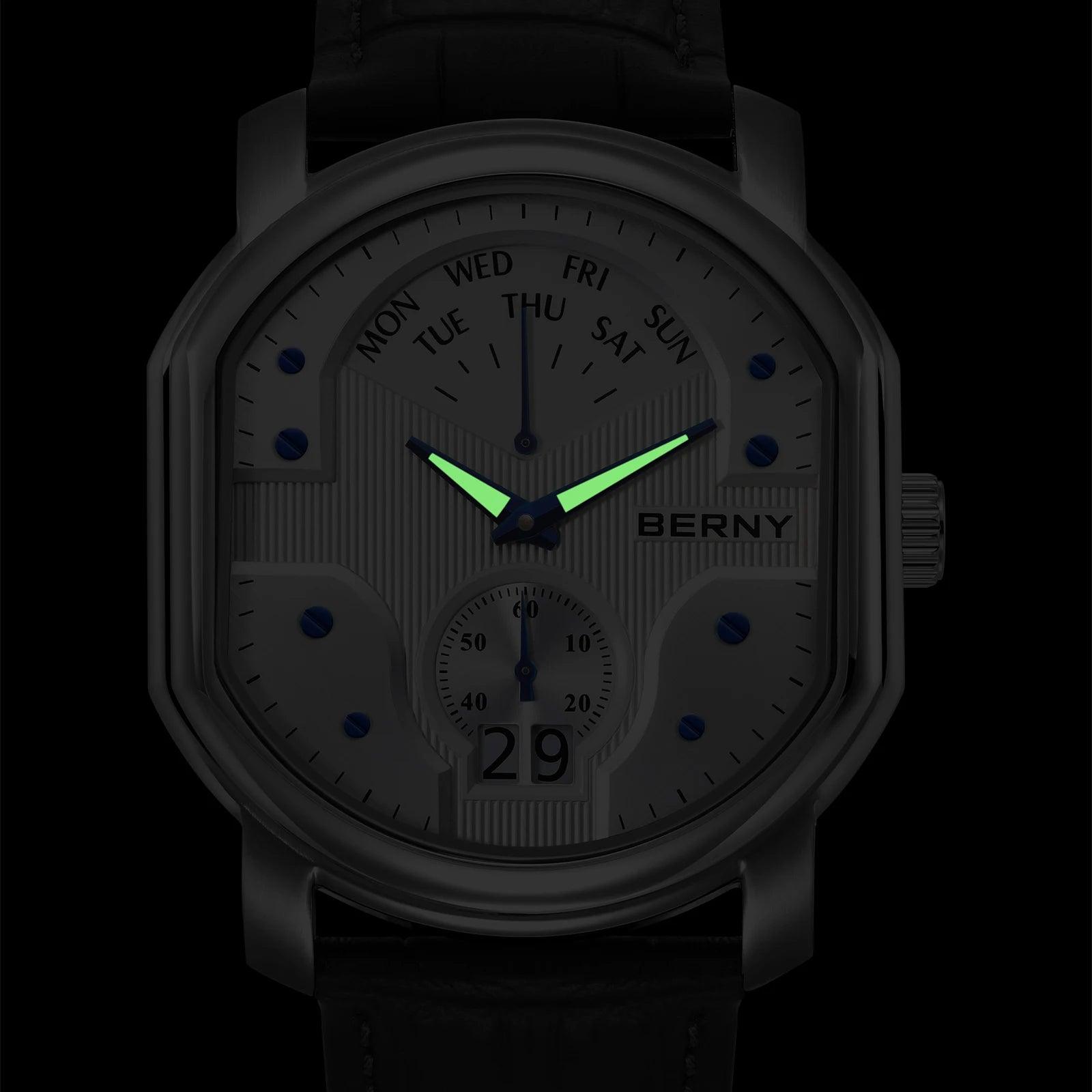 BERNY Men Wristwatch Luxury Swiss Ronda 7004N Day Date Wristwatch Stainless Steel Sport Sapphire 3Bar Waterproof Watch for Men - RUBASO