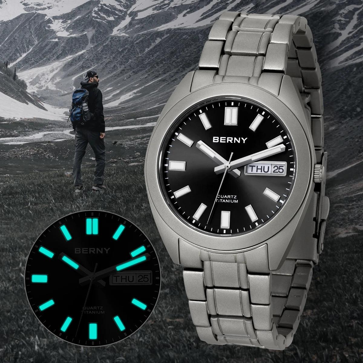 BERNY Titanium Watch for Men Supper Light Weight Wristwatch Super Luminous Sapphire 10ATM Waterproof Sport Field Quartz Watches - RUBASO