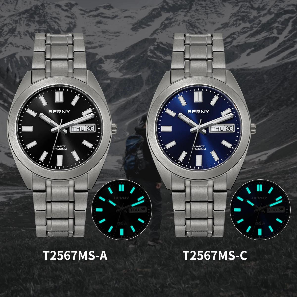 BERNY Titanium Watch for Men Supper Light Weight Wristwatch Super Luminous Sapphire 10ATM Waterproof Sport Field Quartz Watches - RUBASO