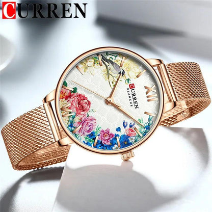 CURREN Women Watch Top Brand Luxury Gold Female Waterproof Clock Mesh Stainless Steel Bracelet Flower Ladies Wristwatch 9059 - RUBASO