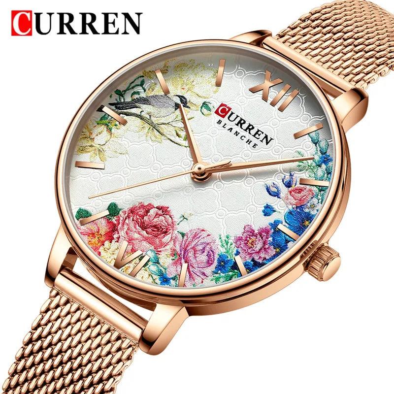 CURREN Women Watch Top Brand Luxury Gold Female Waterproof Clock Mesh Stainless Steel Bracelet Flower Ladies Wristwatch 9059 - RUBASO