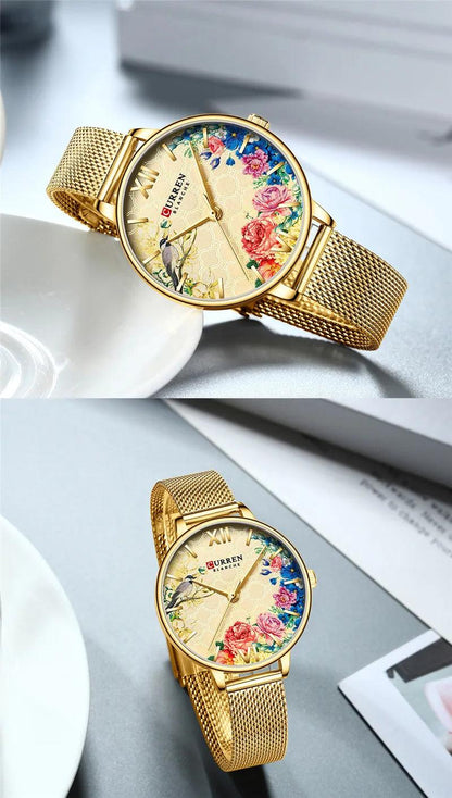 CURREN Women Watch Top Brand Luxury Gold Female Waterproof Clock Mesh Stainless Steel Bracelet Flower Ladies Wristwatch 9059 - RUBASO