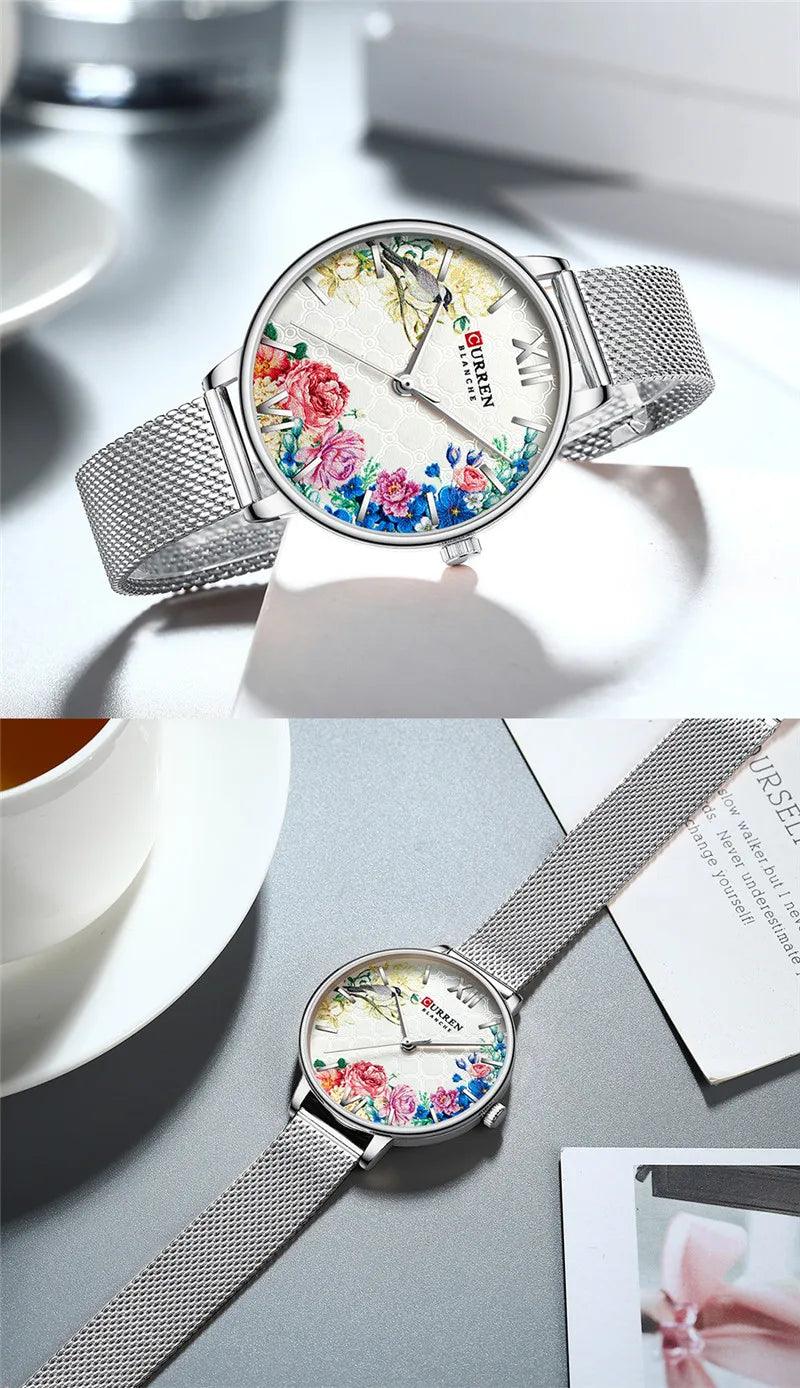 CURREN Women Watch Top Brand Luxury Gold Female Waterproof Clock Mesh Stainless Steel Bracelet Flower Ladies Wristwatch 9059 - RUBASO