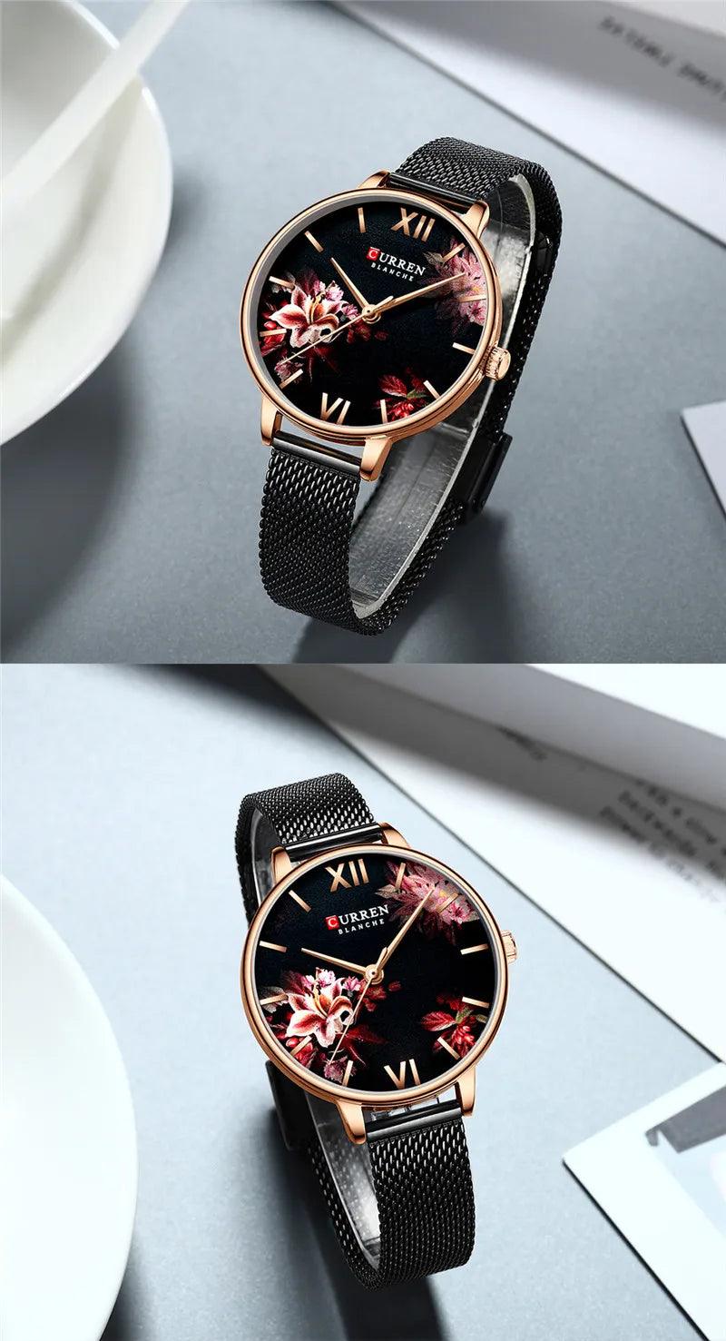 CURREN Women Watch Top Brand Luxury Gold Female Waterproof Clock Mesh Stainless Steel Bracelet Flower Ladies Wristwatch 9059 - RUBASO