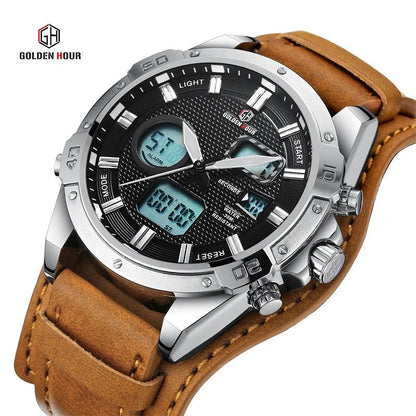 GOLDENHOUR Top Brand Mens Watches Fashion Casual Quartz Wristwatch Male Waterproof Military Leather Business Relogio Masculino - RUBASO