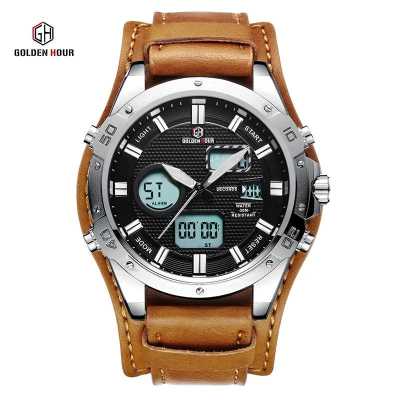 GOLDENHOUR Top Brand Mens Watches Fashion Casual Quartz Wristwatch Male Waterproof Military Leather Business Relogio Masculino - RUBASO