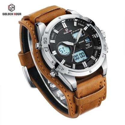 GOLDENHOUR Top Brand Mens Watches Fashion Casual Quartz Wristwatch Male Waterproof Military Leather Business Relogio Masculino - RUBASO