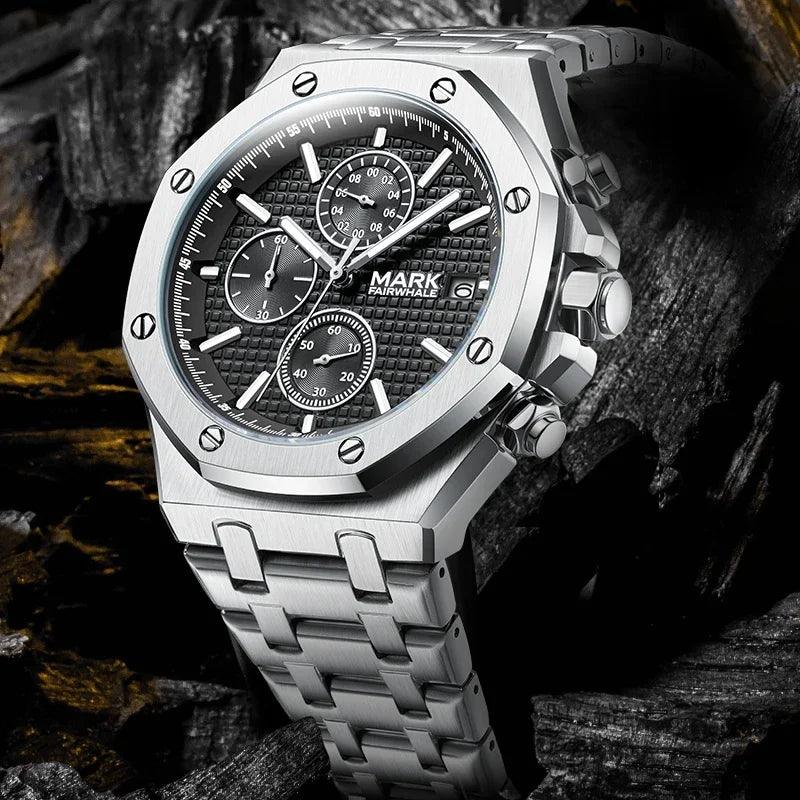 Mark Fairwhale Chronograph Man Watch Luxury Octagon Stainless Steel Quartz Wristwatch Business Waterproof Luminous montre homme - RUBASO