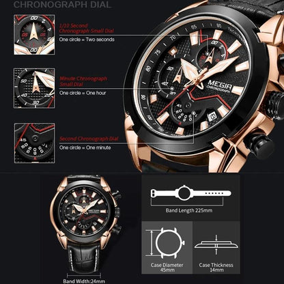 MEGIR 2065 Multifunctional Watch Men's Genuine Leather Strap Top Brand Cool Waterproof Calendar Chronograph Quartz Watches reloj - RUBASO