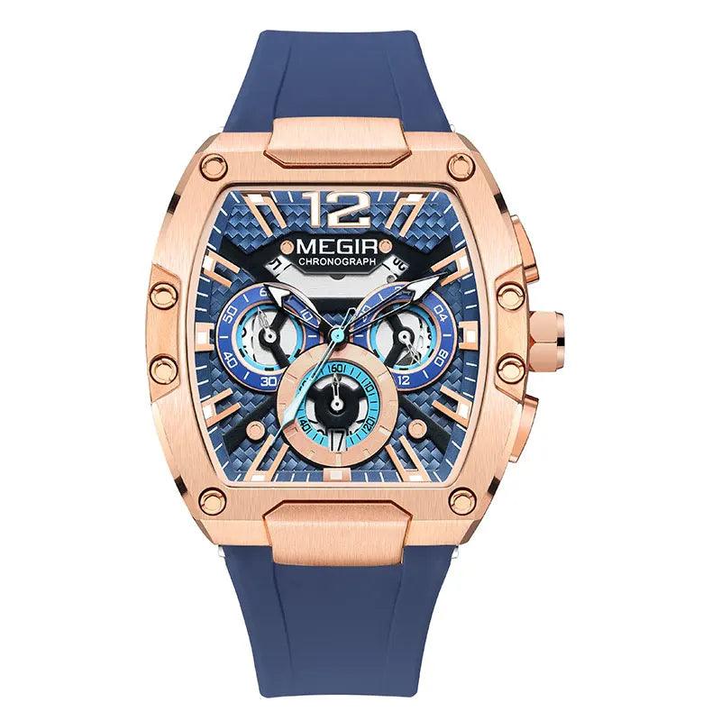 MEGIR Navy Blue Silicone Strap Sport Watch for Men Fashion Waterproof Chronograph Quartz Wristwatch with Luminous Hands Calendar - RUBASOnullRUBASORUBASOnull