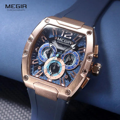 MEGIR Navy Blue Silicone Strap Sport Watch for Men Fashion Waterproof Chronograph Quartz Wristwatch with Luminous Hands Calendar - RUBASOnullRUBASORUBASOnull