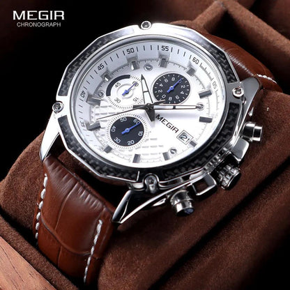 MEGIR quartz male watches Genuine Leather watches racing men Students game Run Chronograph Watch male glow hands for Man 2015G - RUBASO