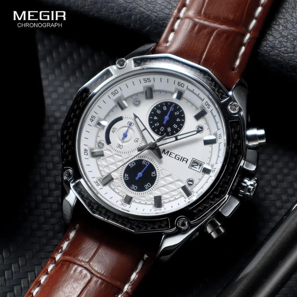 MEGIR quartz male watches Genuine Leather watches racing men Students game Run Chronograph Watch male glow hands for Man 2015G - RUBASO