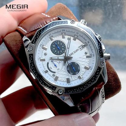 MEGIR quartz male watches Genuine Leather watches racing men Students game Run Chronograph Watch male glow hands for Man 2015G - RUBASO