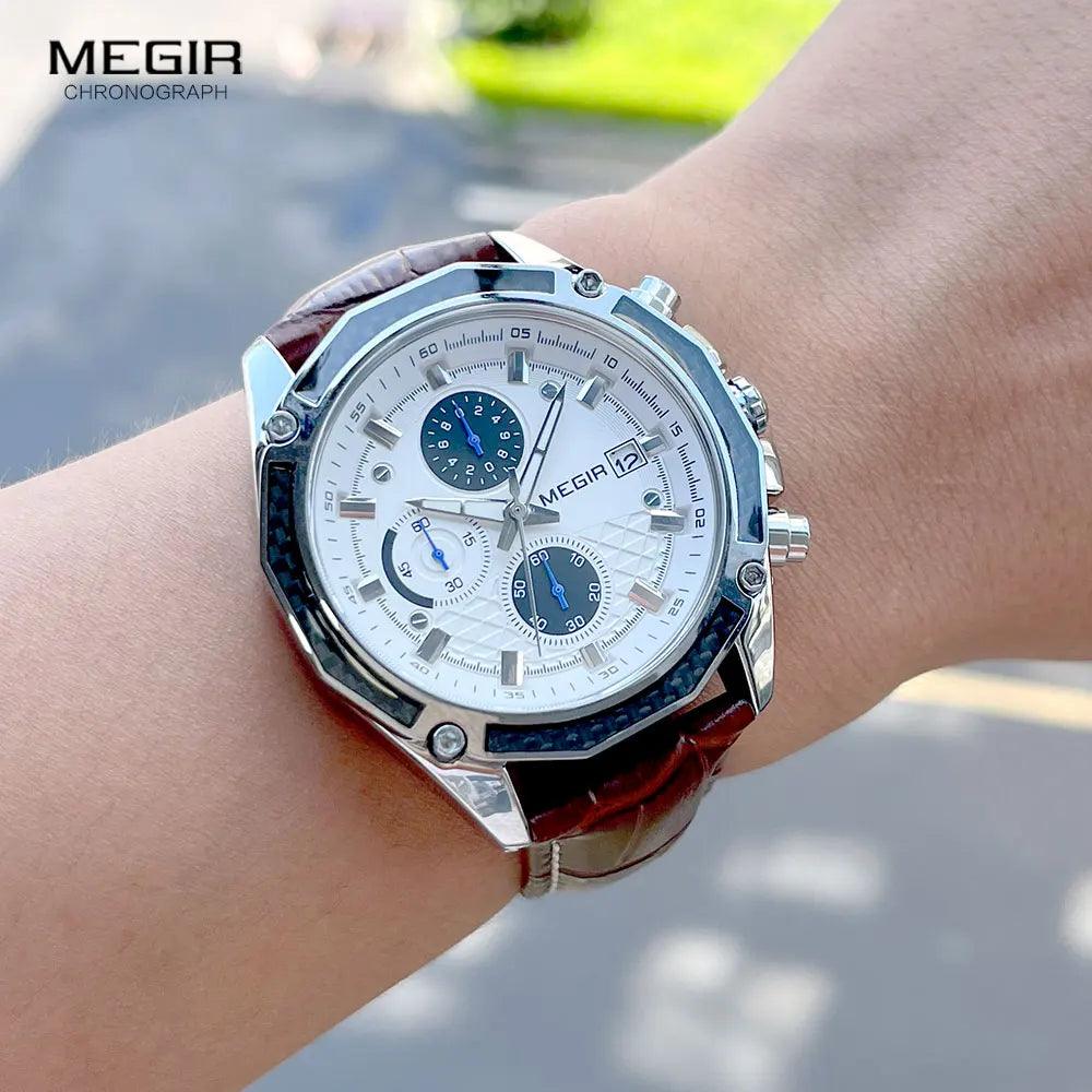 MEGIR quartz male watches Genuine Leather watches racing men Students game Run Chronograph Watch male glow hands for Man 2015G - RUBASO