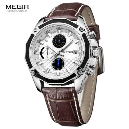 MEGIR quartz male watches Genuine Leather watches racing men Students game Run Chronograph Watch male glow hands for Man 2015G - RUBASO