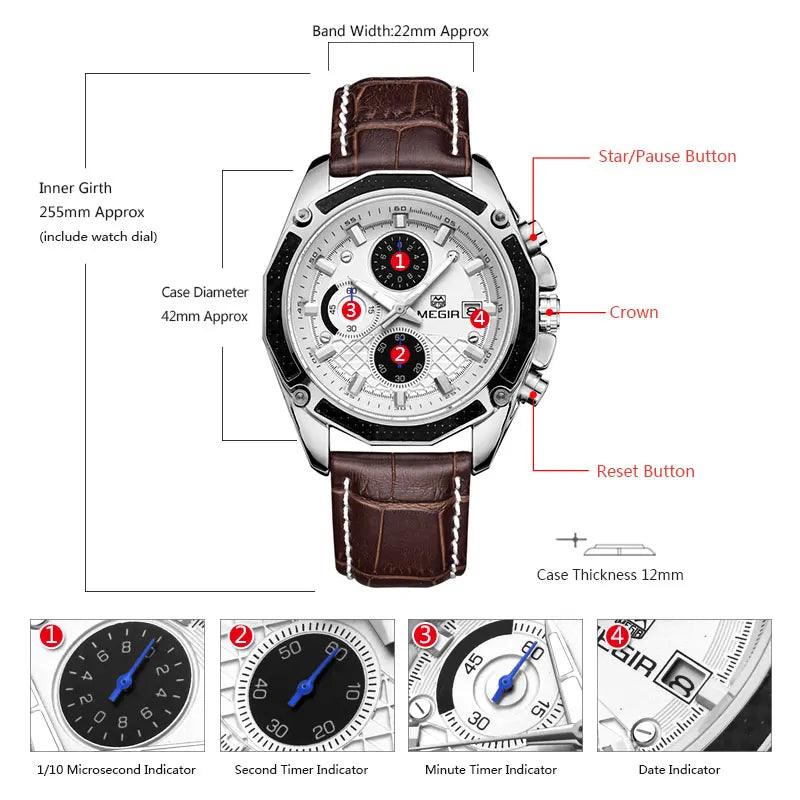 MEGIR quartz male watches Genuine Leather watches racing men Students game Run Chronograph Watch male glow hands for Man 2015G - RUBASO