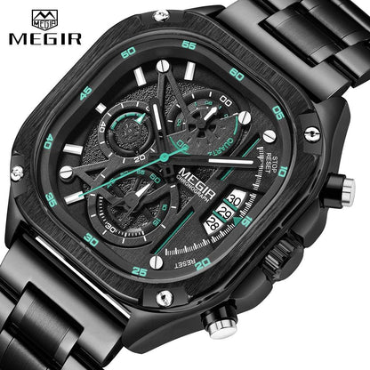 MEGIR Square Dial Chronograph Quartz Watches for Men Fashion Sports Male Wristwatch Stainless Steel Strap with Luminous Hands - RUBASO