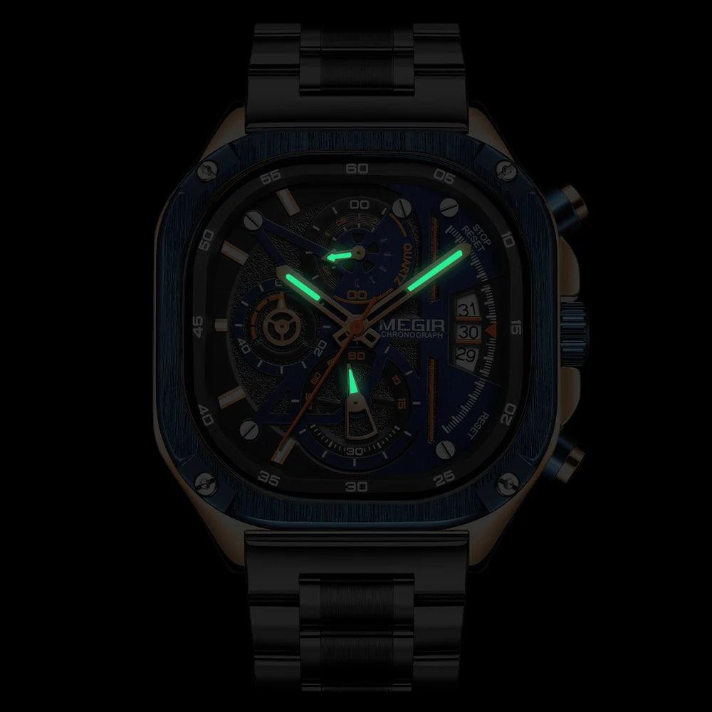 MEGIR Square Dial Chronograph Quartz Watches for Men Fashion Sports Male Wristwatch Stainless Steel Strap with Luminous Hands - RUBASO