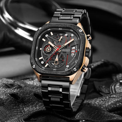 MEGIR Square Dial Chronograph Quartz Watches for Men Fashion Sports Male Wristwatch Stainless Steel Strap with Luminous Hands - RUBASO