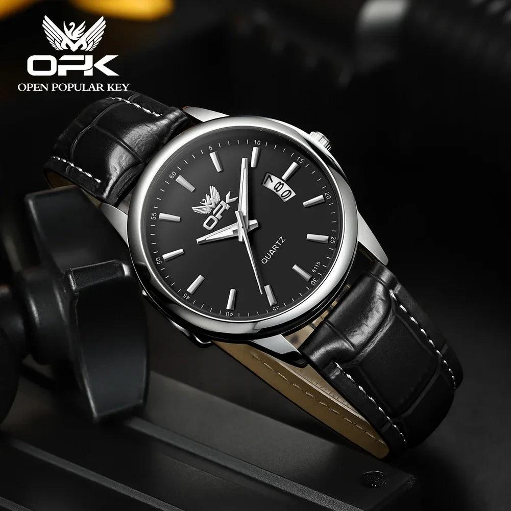 OPK 6010 Fashion Quartz Watch For Men Waterproof Luminious Leather Strap Wristwatch Calendar Auto Date Business Mens Watches - RUBASO